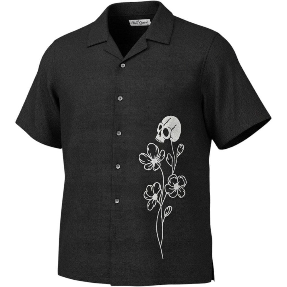 Blue Gear Mens XL Black Skull Floral Short Sleeve Button Down Camp Shirt NEW